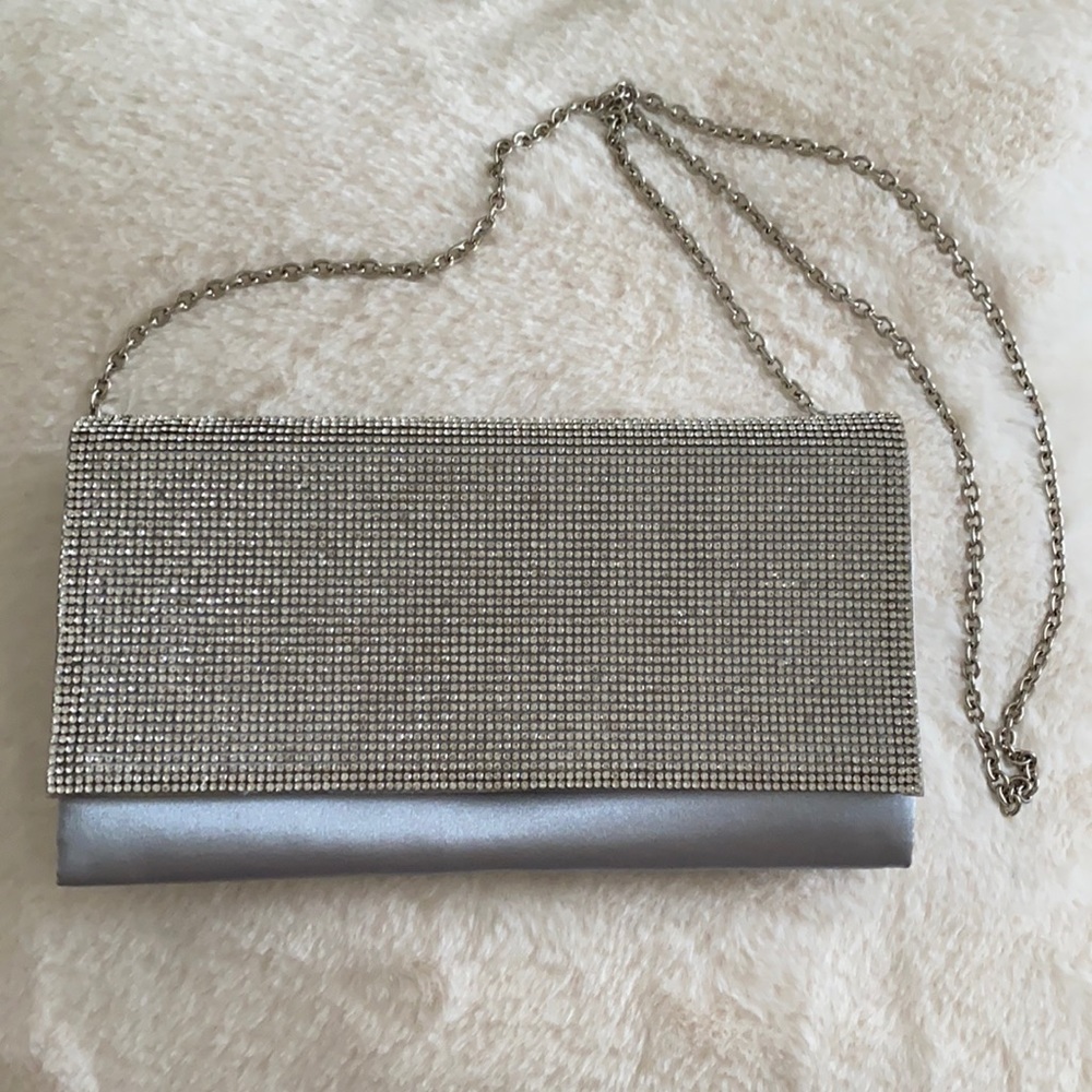 NWOT INC Rhinestone Satin Silver clutch